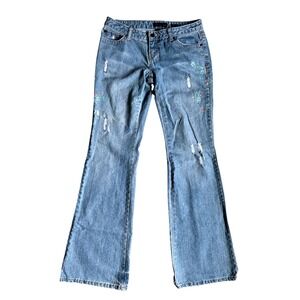 Aeropostale Y2K Flare Jeans Floral Embroidered Distressed 3/4 Long Retro 2000s